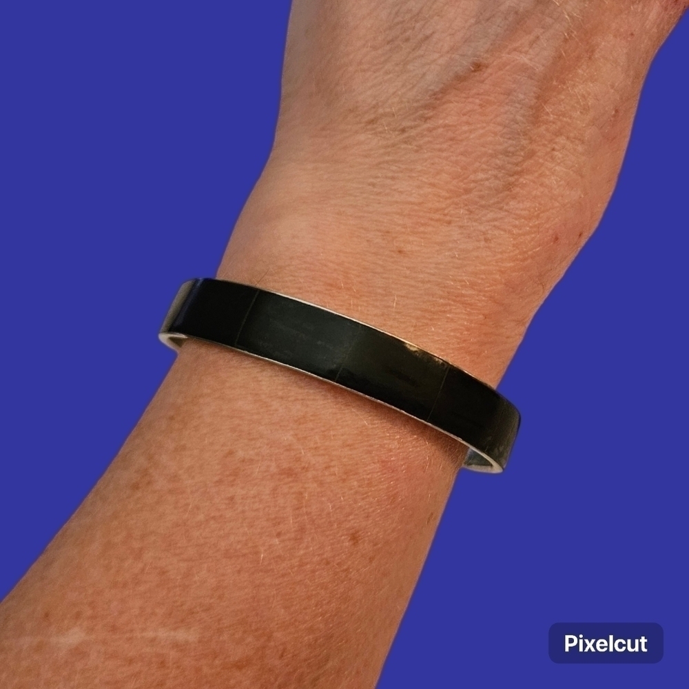Vtg Stainless Steel Black Buffalo Horn Inlay Bangle Bracelet